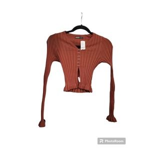 Aster Hook Front Cable Knit V-Neck Cropped Sweater Brown Small